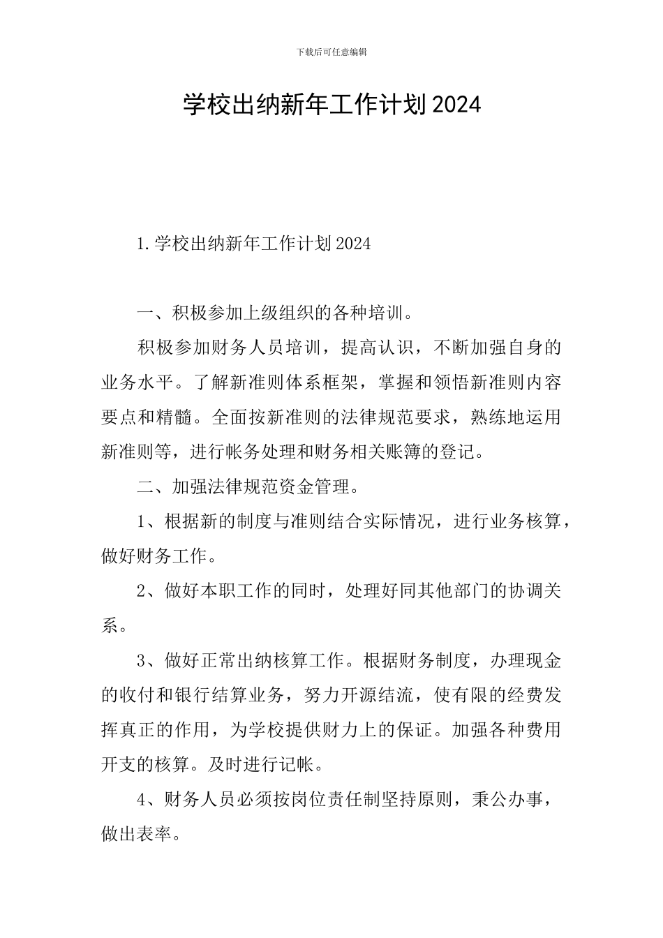学校出纳新年工作计划2024_第1页