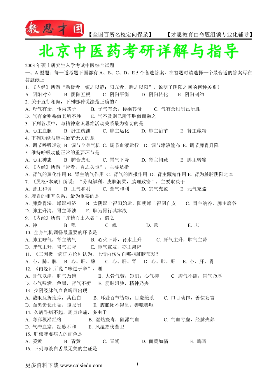 2015年北京中医药大学中医历年真题,复试解析,考研心态,考研大纲,考研真题,考研经验_第1页