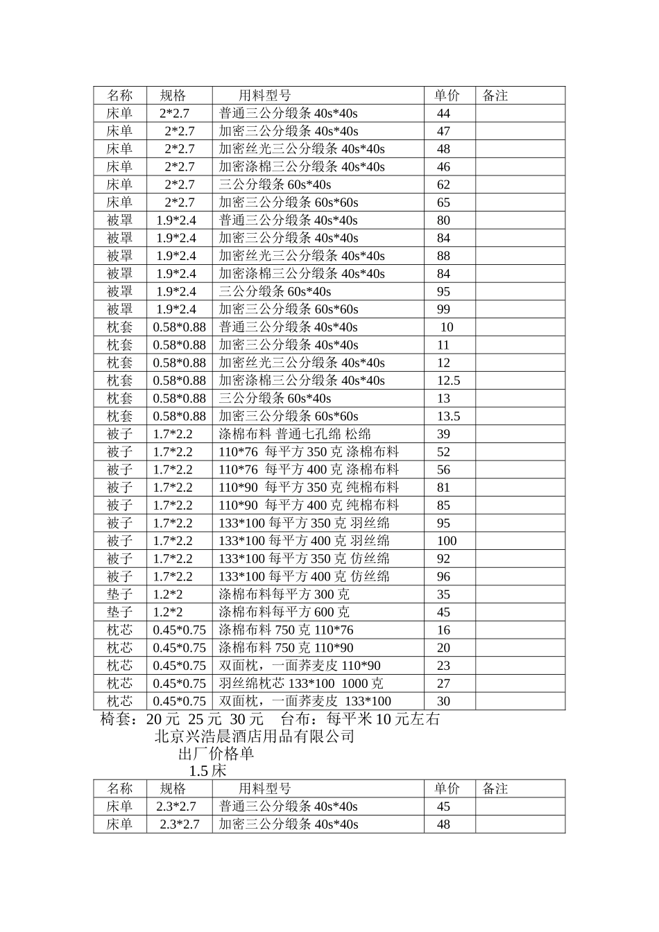 床上用品报价单_第2页