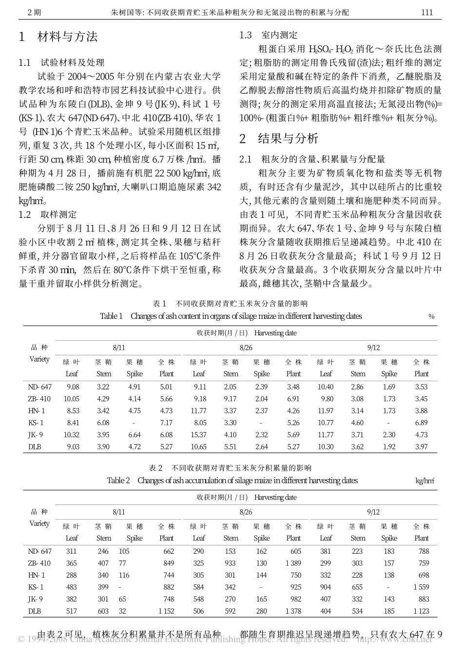 不同收获期青贮玉米品种粗灰分和无氮浸出物的积累与分配_第2页