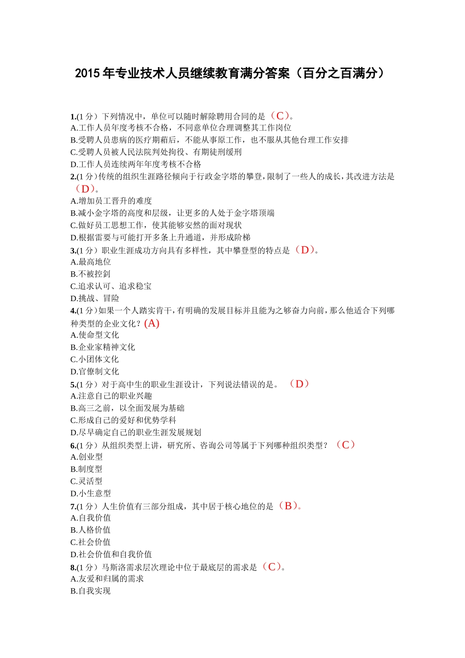 2015年专业技术人员继续教育满分答案(百分之百满分)_第1页