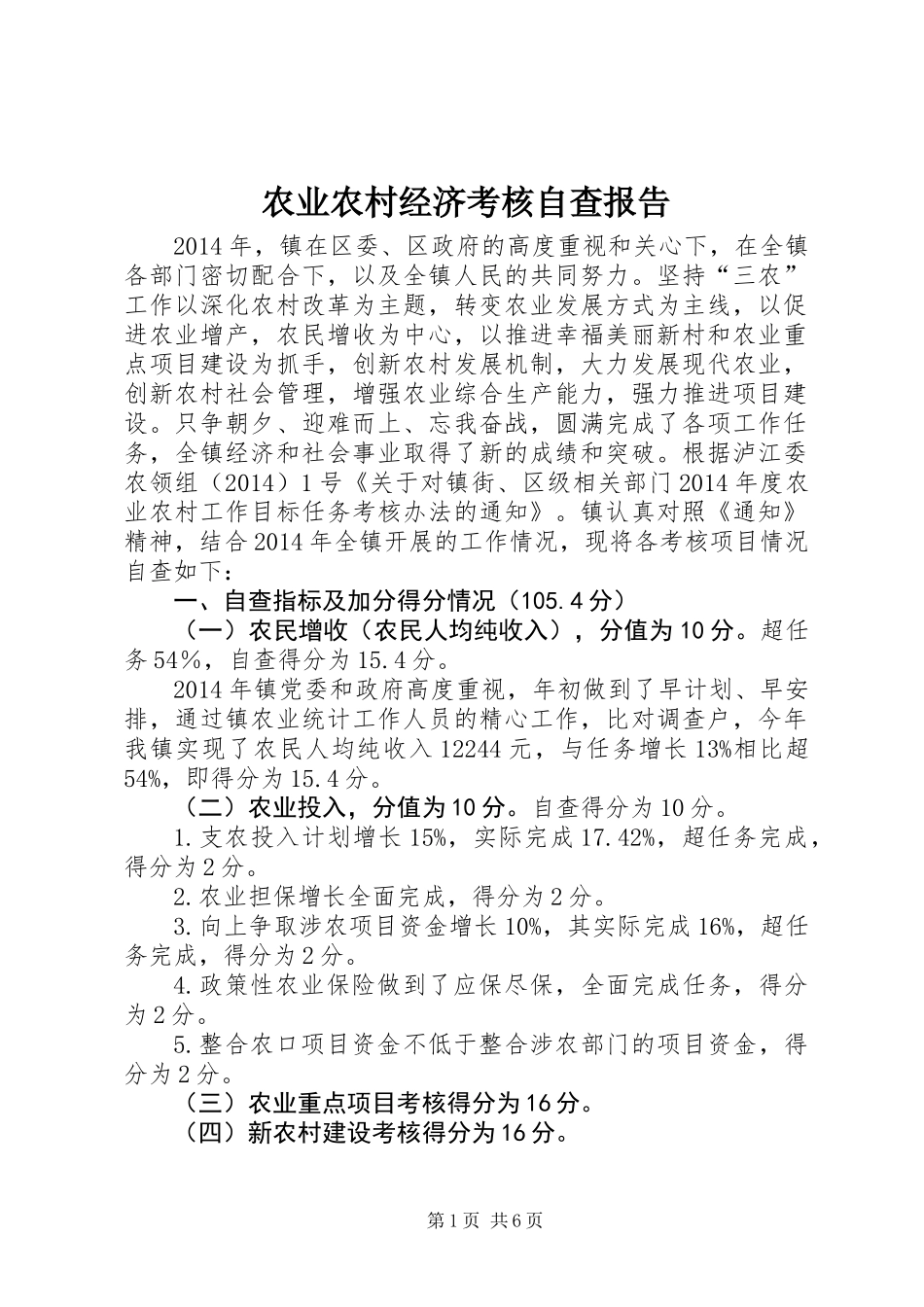 农业农村经济考核自查报告_第1页