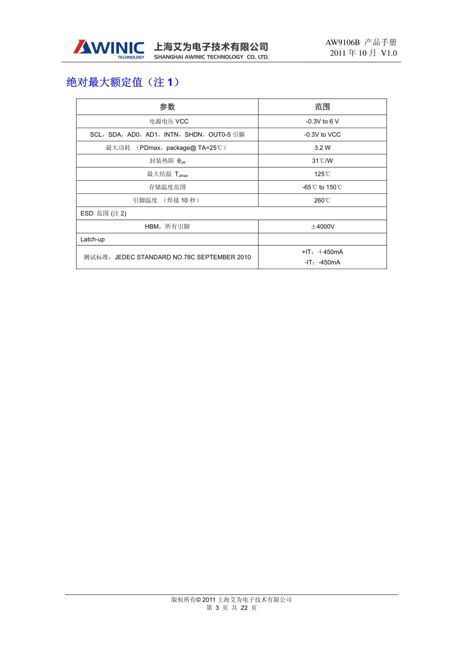DS_AW9106B_CN_V1.0_IIC接口_可扩展GPIO_6路呼吸灯控制器_第3页