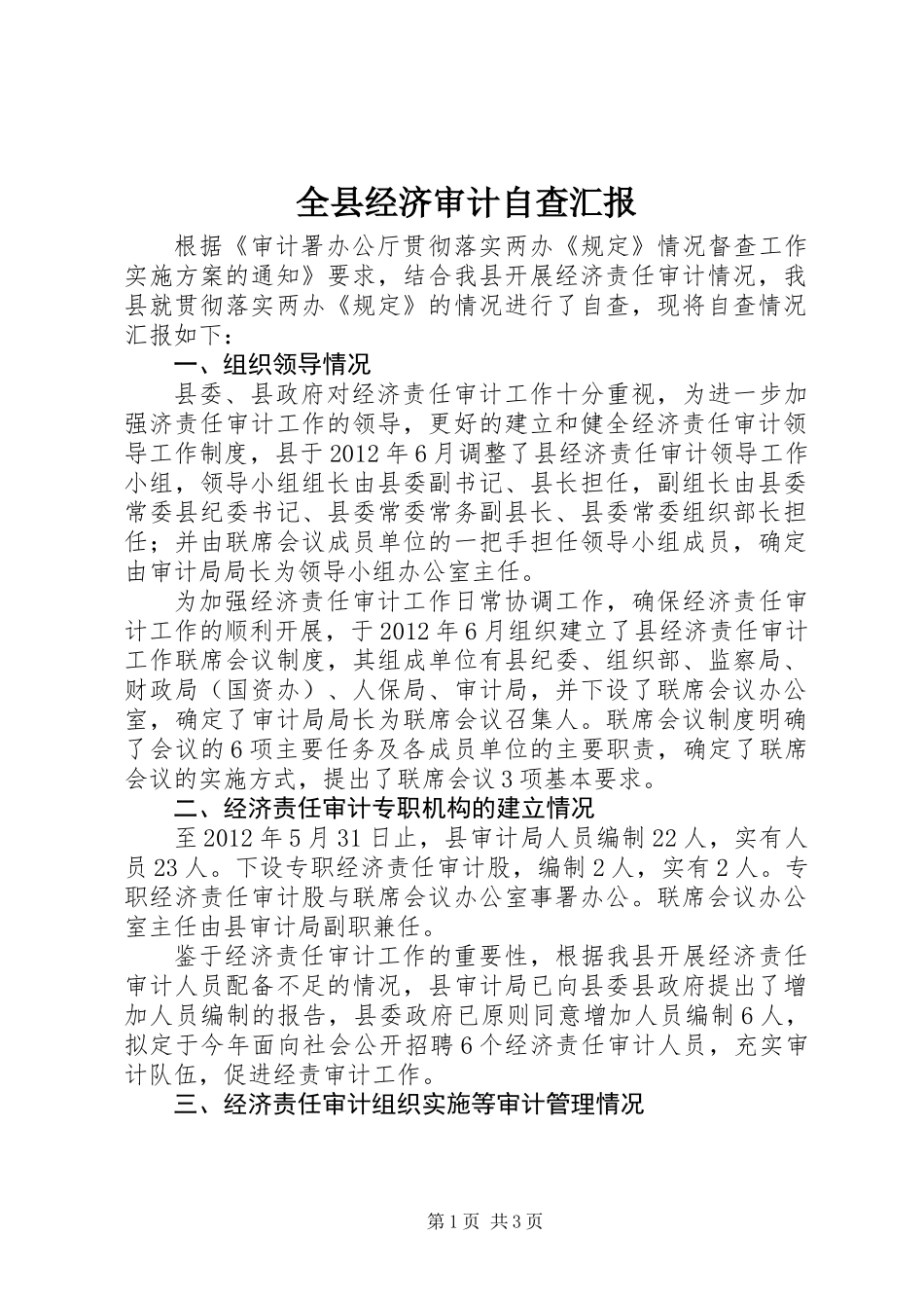 全县经济审计自查汇报_第1页