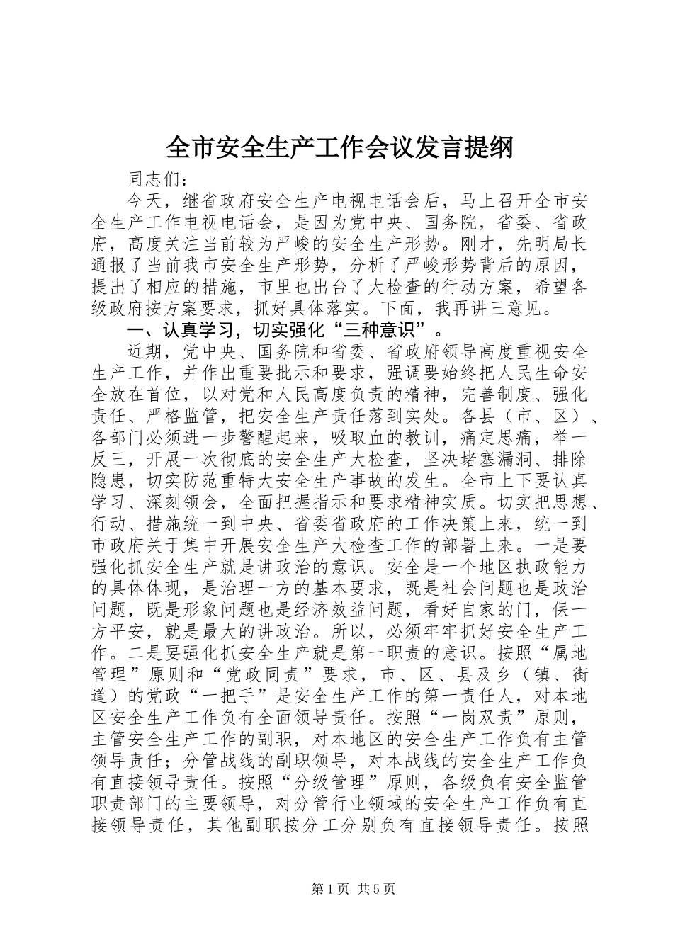 全市安全生产工作会议发言提纲_第1页