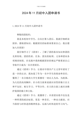 2024年11月初中入团申请书
