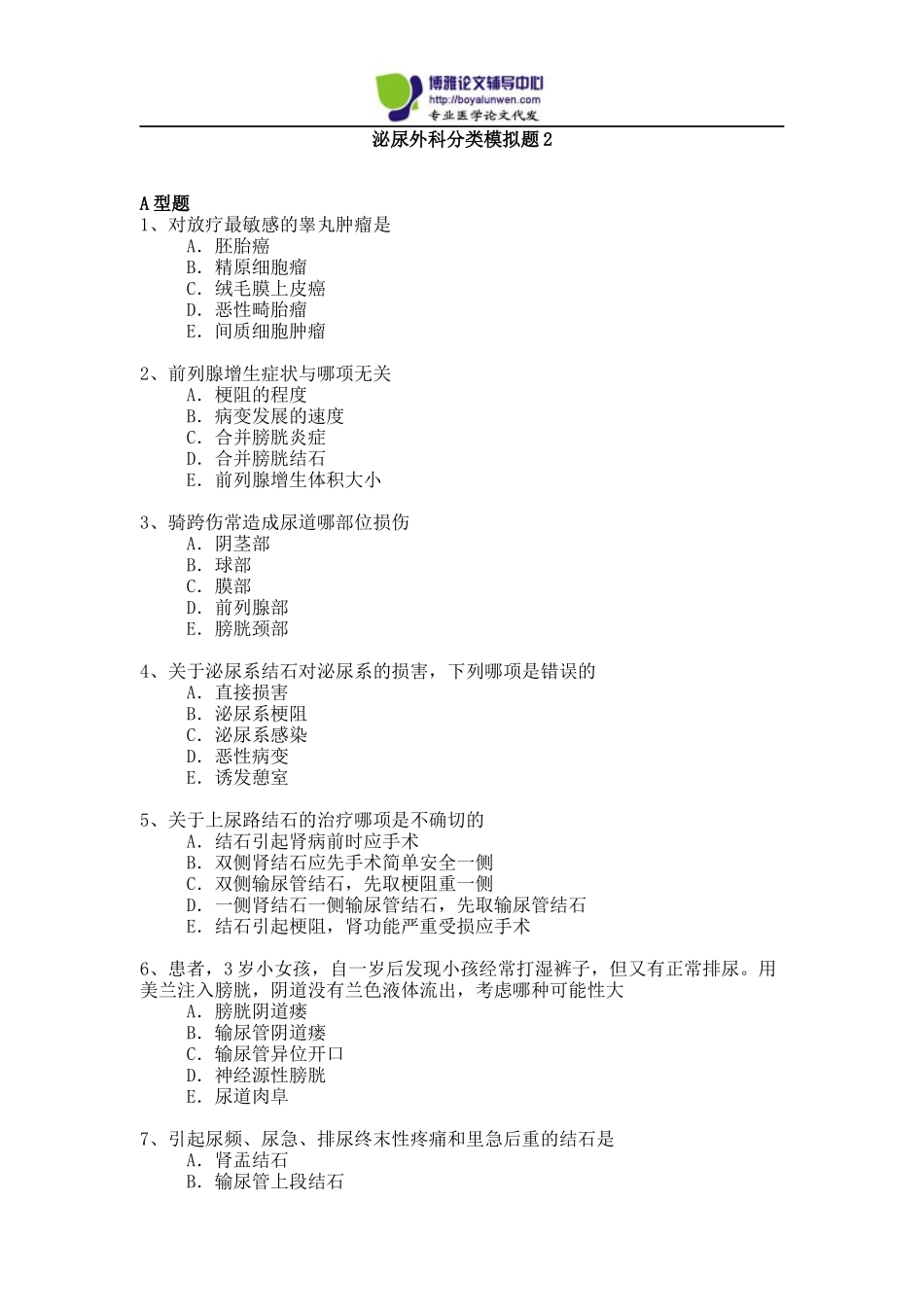 2015年泌尿外科专业卫生高级职称考试模拟题2_第1页