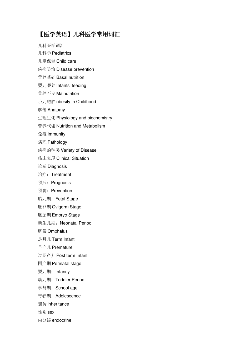 【医学英语】儿科医学常用词汇_第1页
