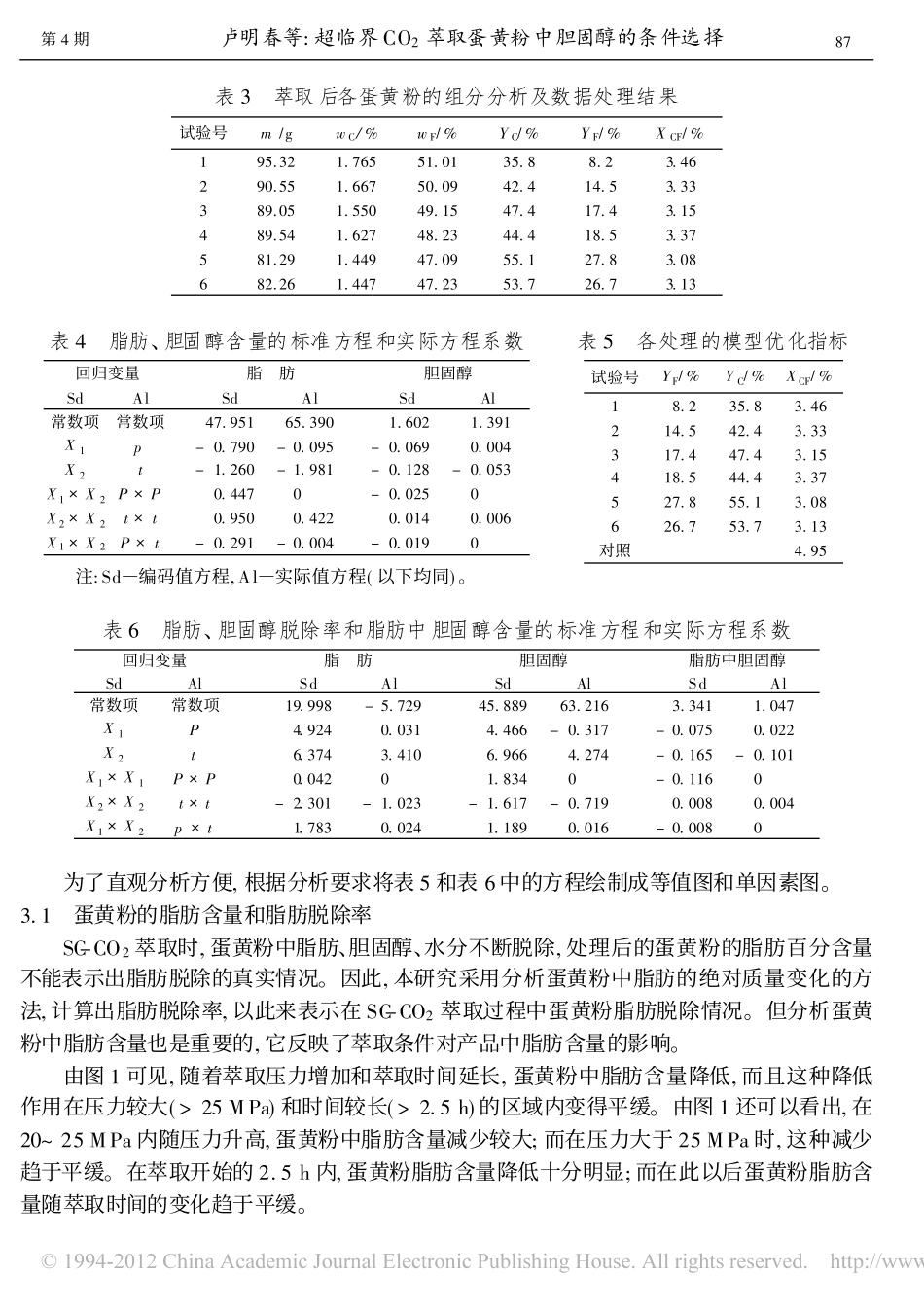 超临界CO_2萃取蛋黄粉中胆固醇的条件选择_卢明春_第3页