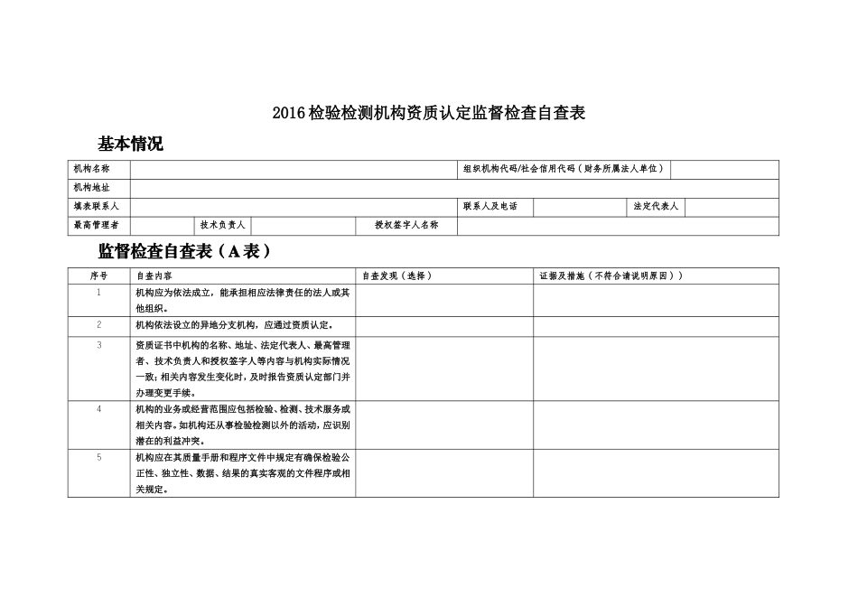 2016检验检测机构资质认定监督检查自查表_第1页