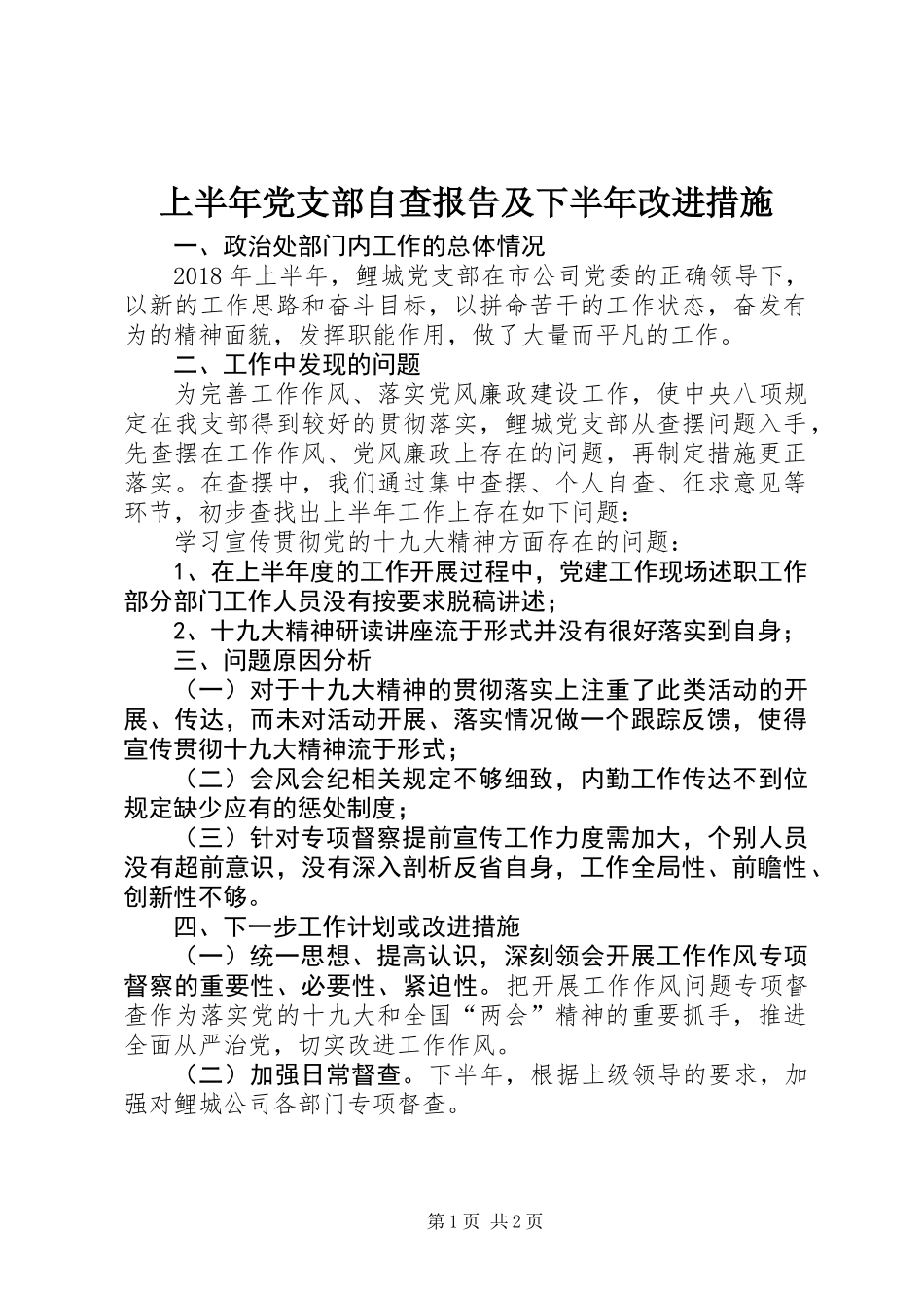 上半年党支部自查报告及下半年改进措施_第1页
