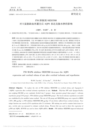 P38抑制剂SB203580对大_省略_灌注后AQP4表达及脑水肿的影响_王耀辉