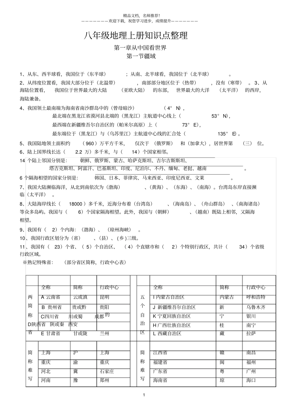 2018-2019人教版八年级地理上册知识点整理_第1页
