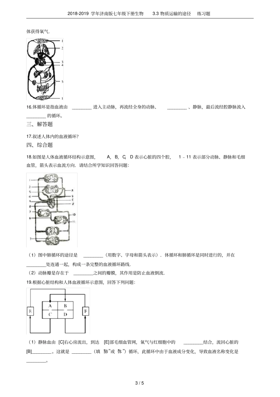 2018-2019学年济南版七年级下册生物3物质运输的途径练习题_第3页