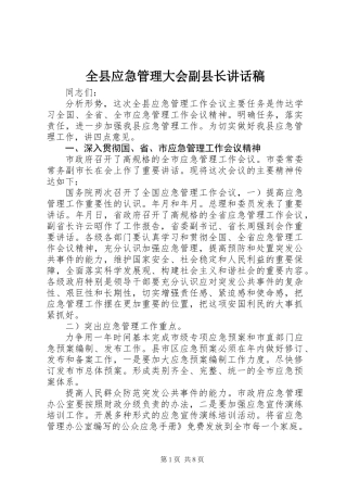 全县应急管理大会副县长讲话稿