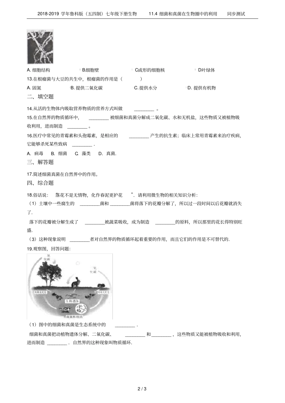 2018-2019学年鲁科版五四制七年级下册生物14细菌和真菌在生物圈中的利用同步测试_第2页