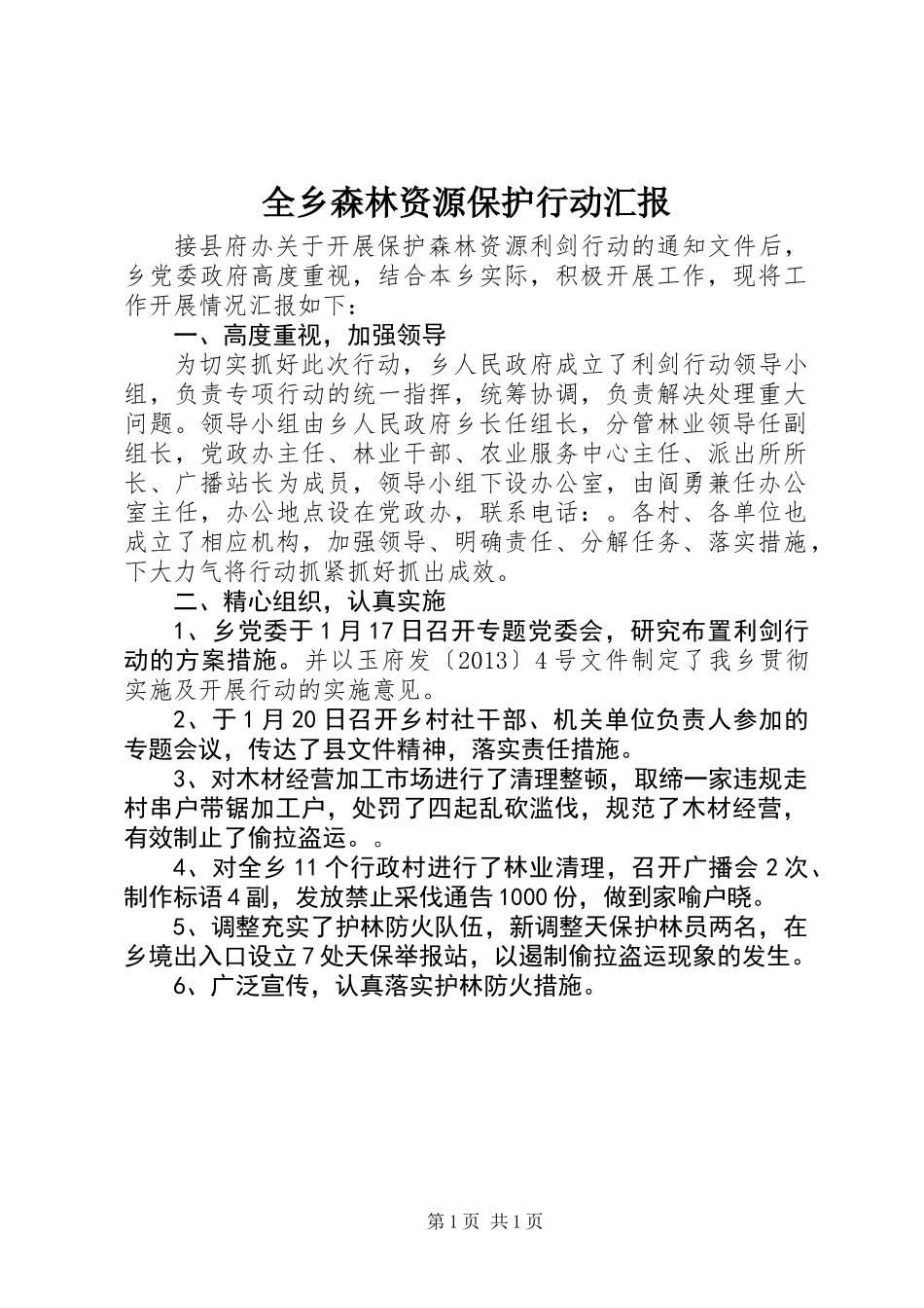 全乡森林资源保护行动汇报_第1页