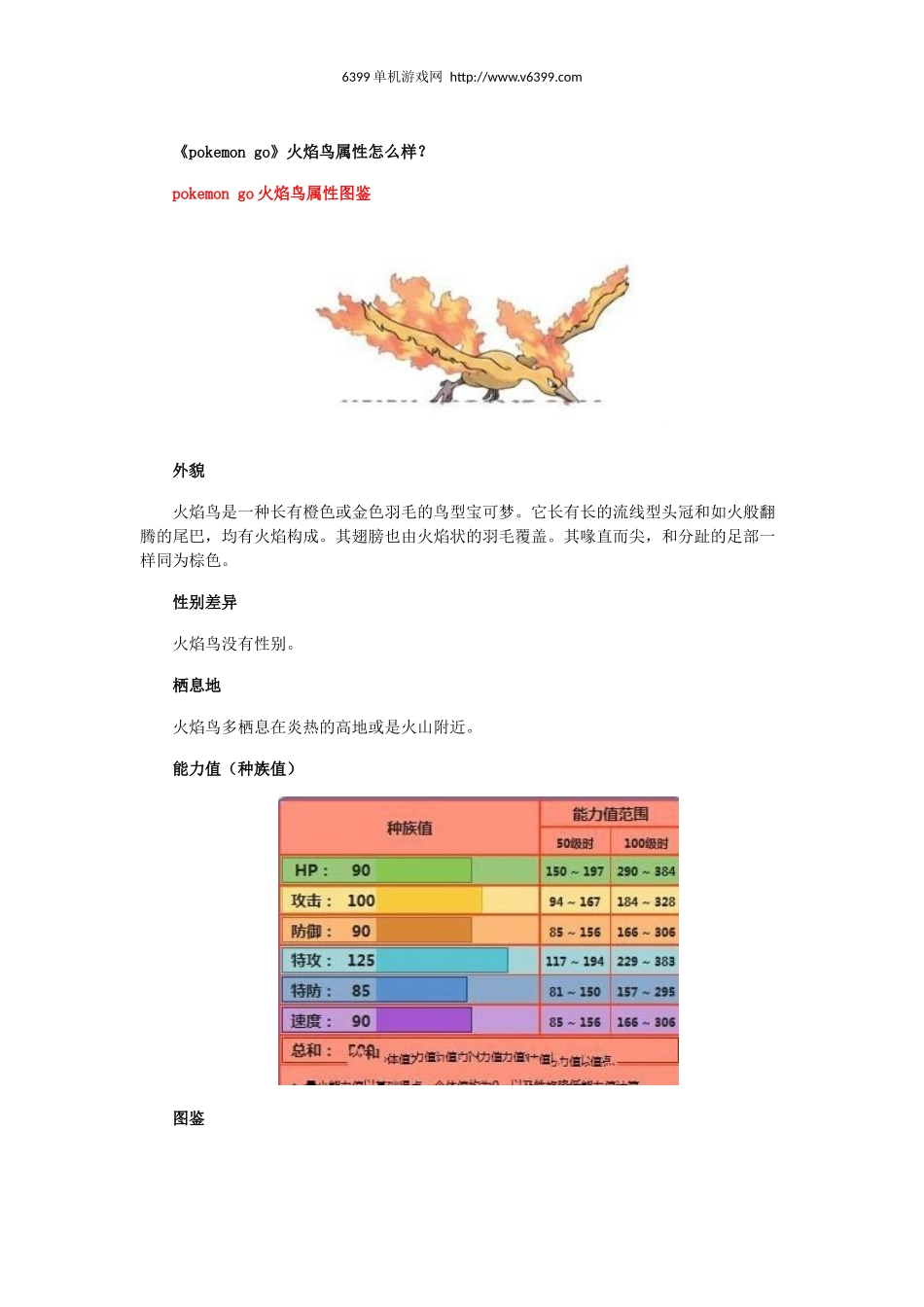 《pokemon go》火焰鸟属性图鉴介绍 火焰鸟属性怎么样？_第1页