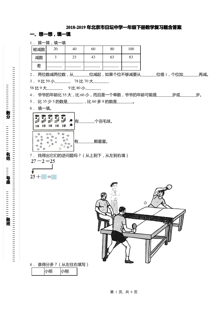 2018-2019年北京日坛中学一年级下册数学复习题含答案_第1页