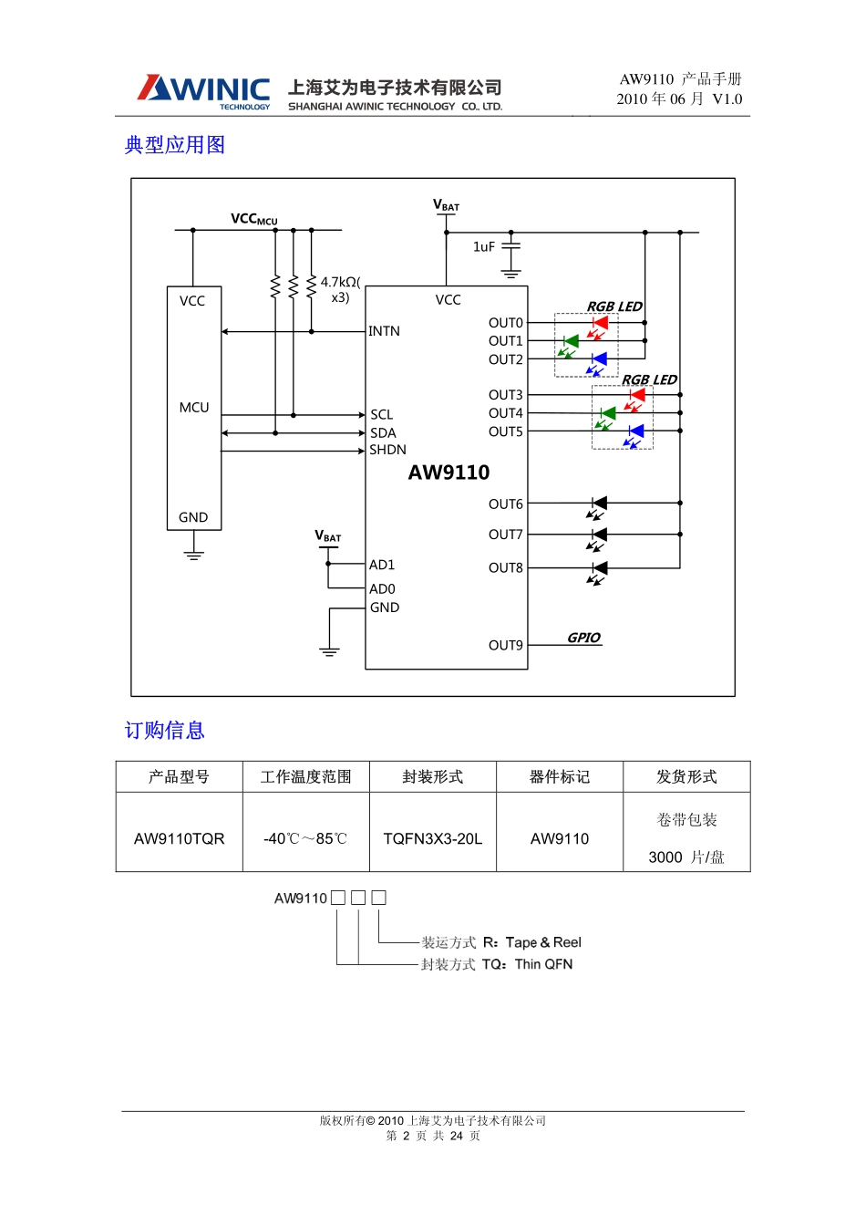 DS_AW9110_CN_V1_0_I2C接口_可扩展GPIO_10路呼吸灯控制器_第2页