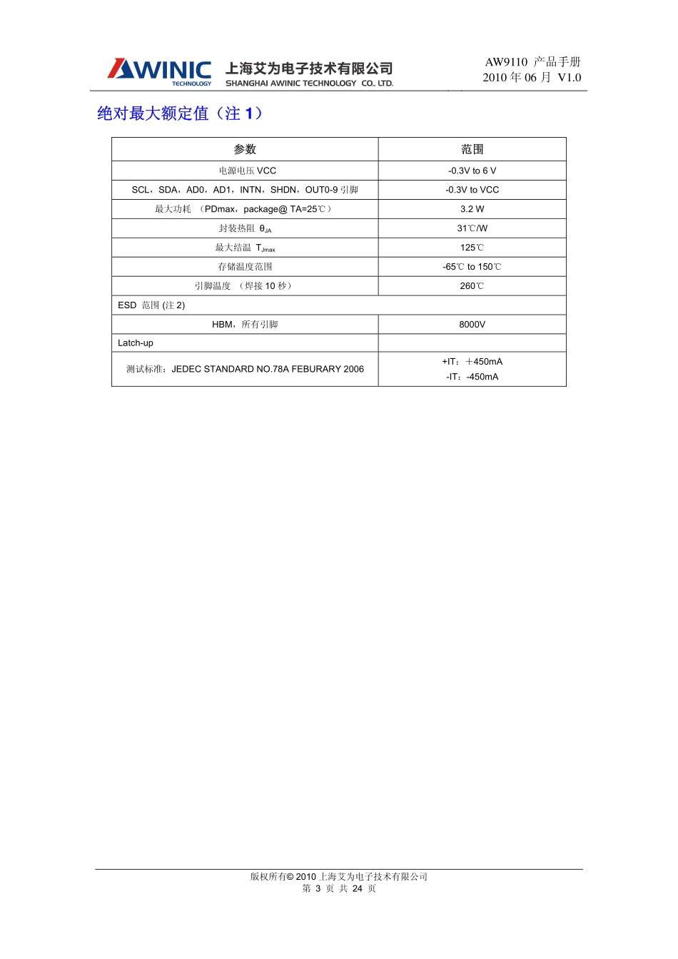 DS_AW9110_CN_V1_0_I2C接口_可扩展GPIO_10路呼吸灯控制器_第3页