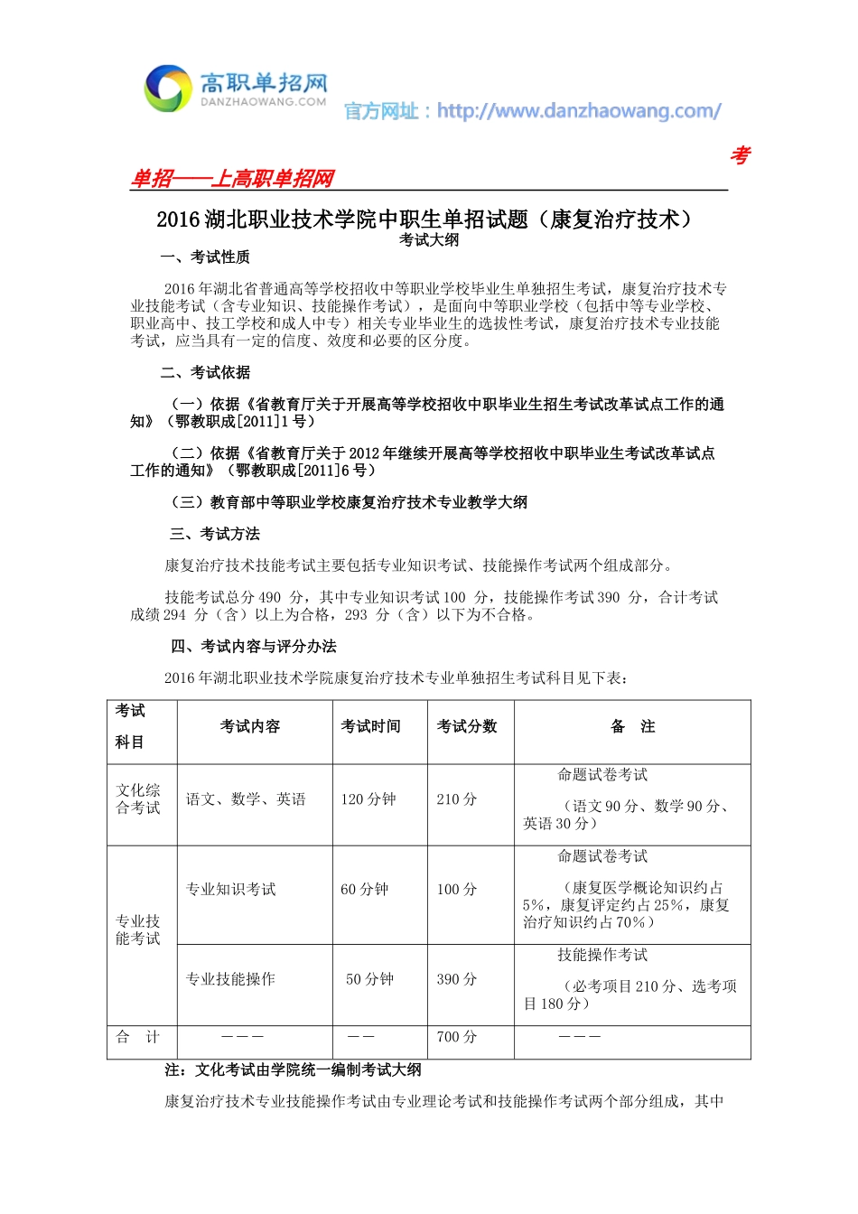 2016湖北职业技术学院中职生单招试题(康复治疗技术)_第1页