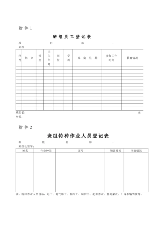 安全生产标准化班组各种表格