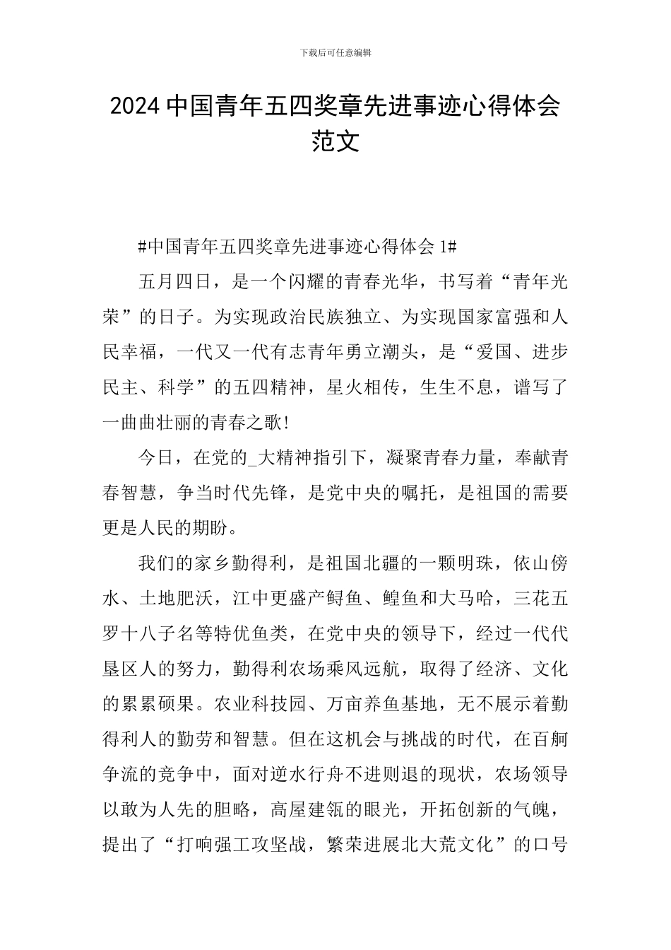 2024中国青年五四奖章先进事迹心得体会范文_第1页