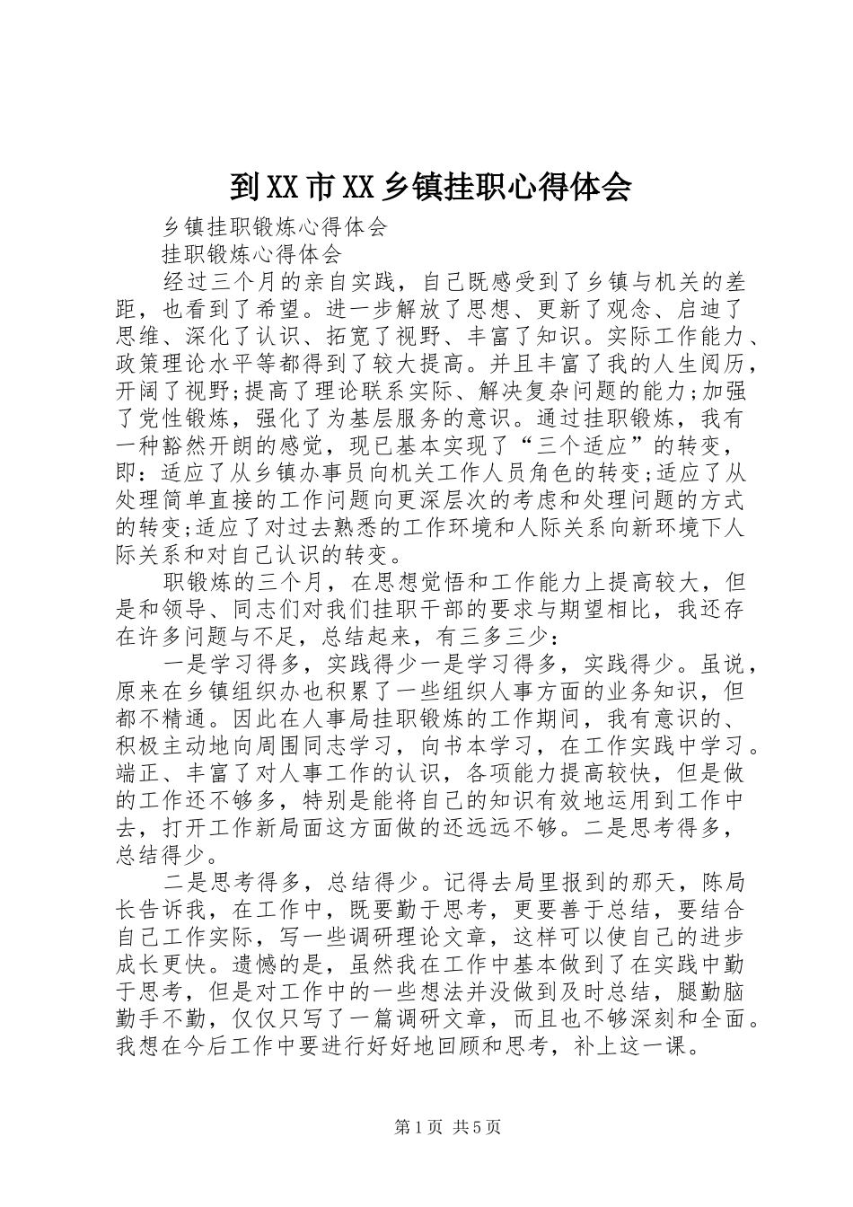 到XX市XX乡镇挂职心得体会_第1页