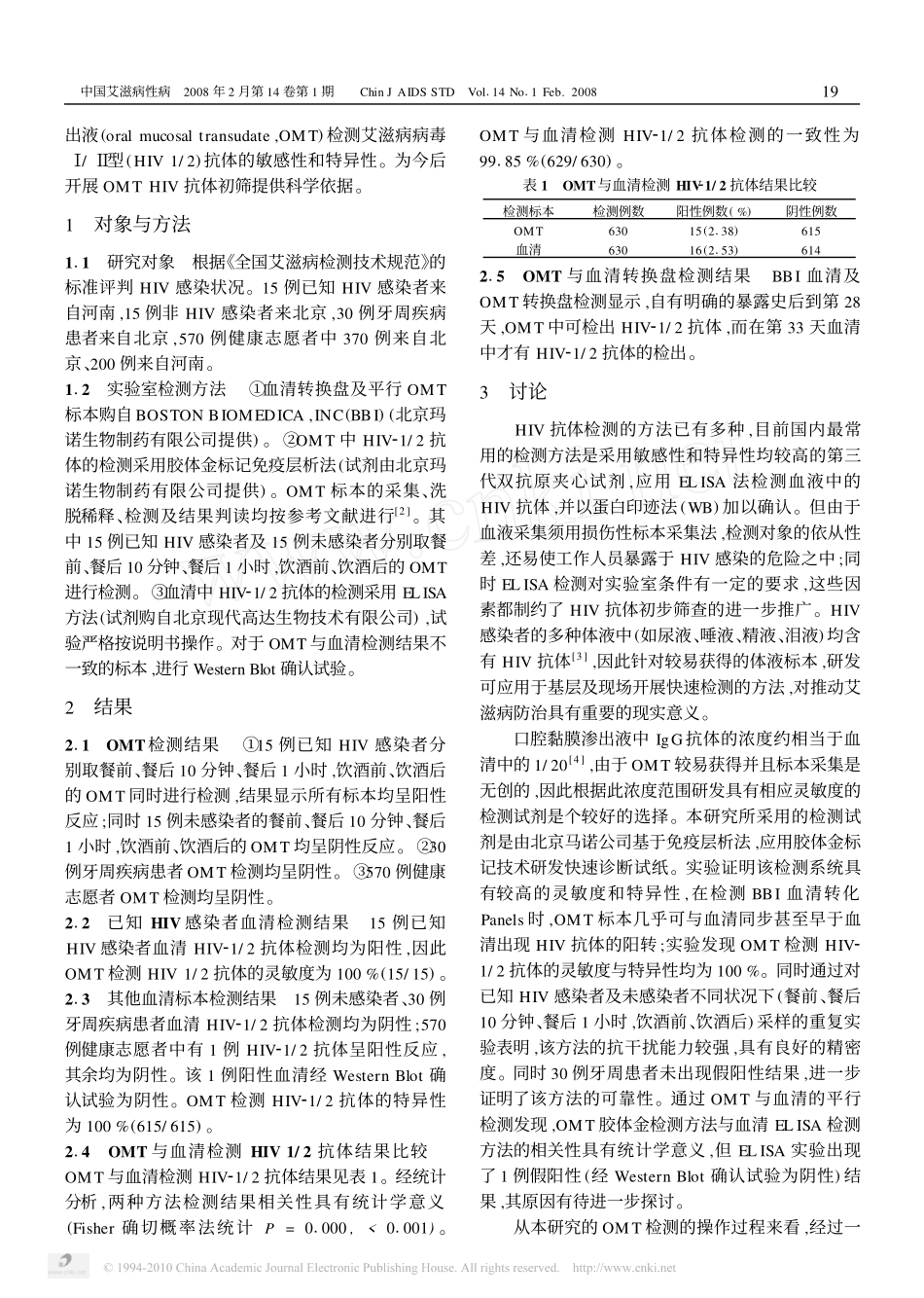 《口腔黏膜渗出液检测HIV12型抗体的方法评价》《中国艾滋病性病》;2008年2月第14卷第1期18-20_第2页