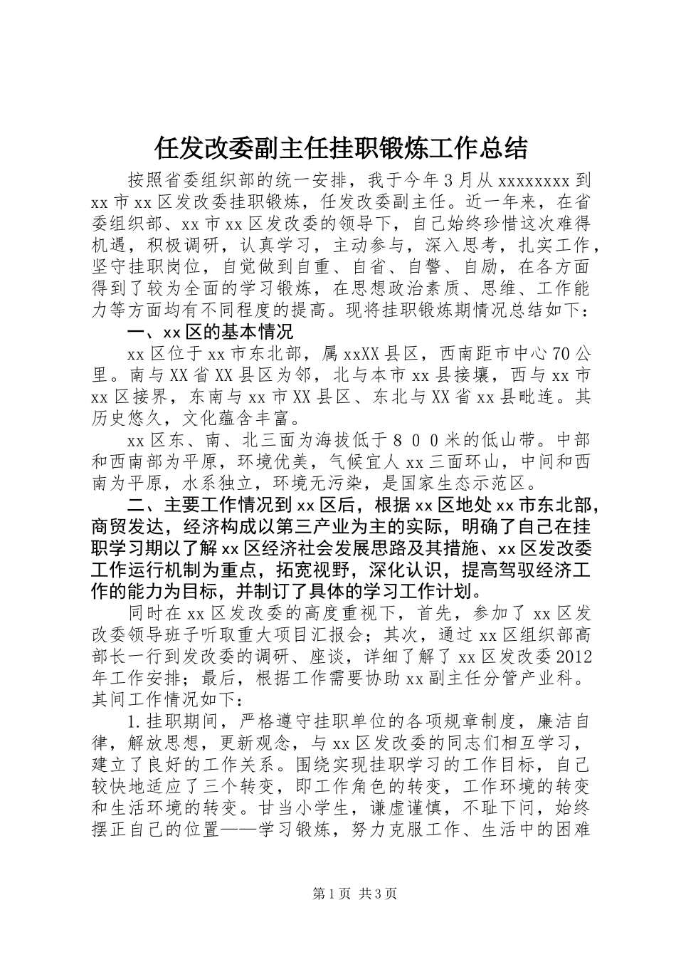 任发改委副主任挂职锻炼工作总结_第1页