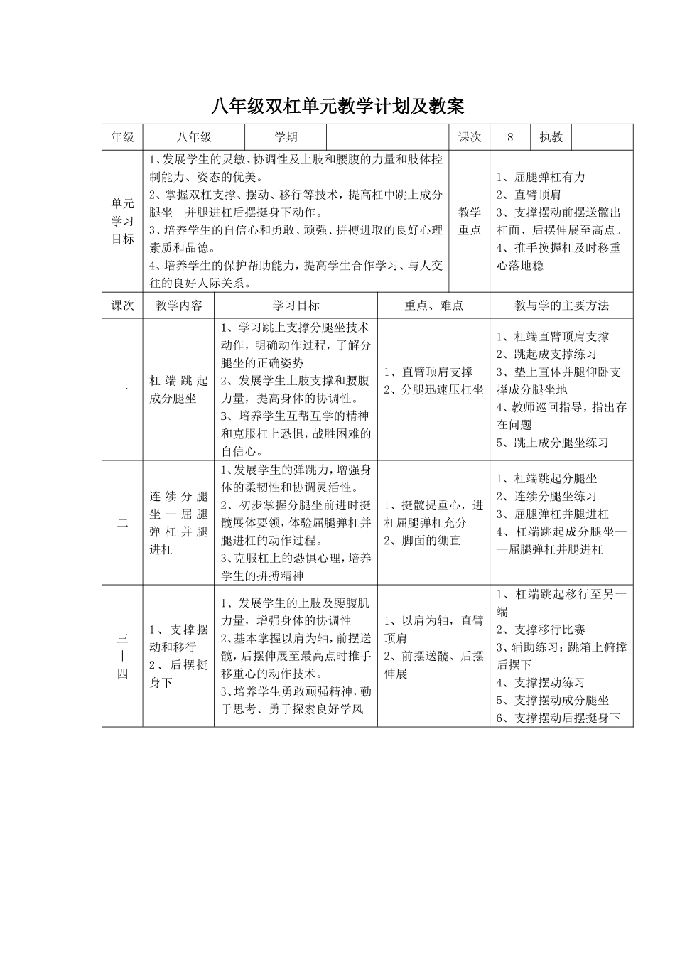 初二年级双杠单元教学计划及教案_第1页