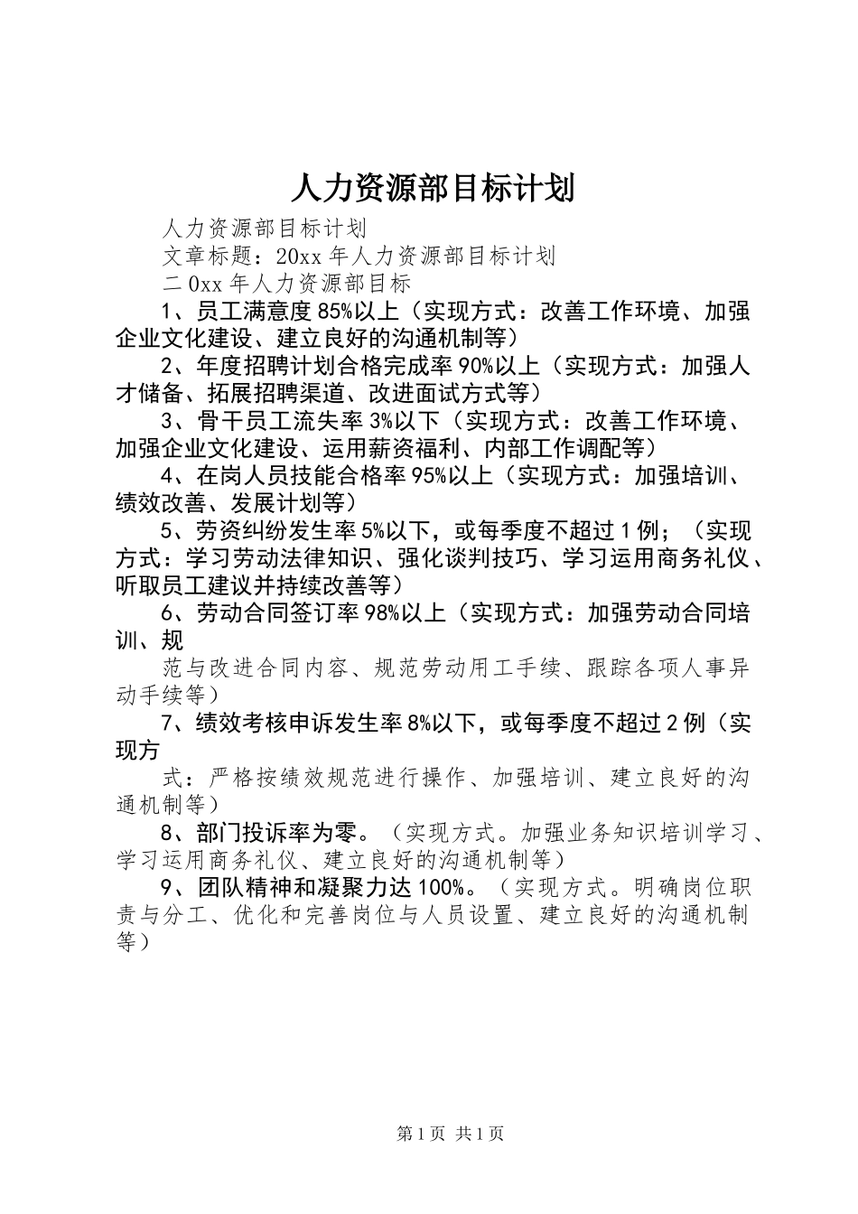 人力资源部目标计划_第1页