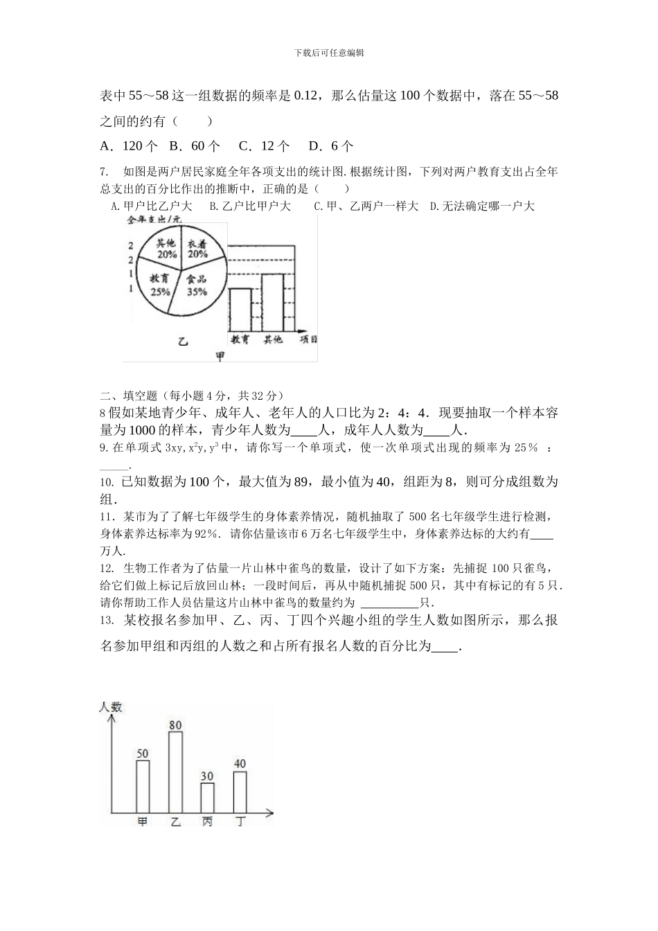 人教版七年级数学下第十章《数据的收集、整理与描述》单元测试含答案解析_第2页