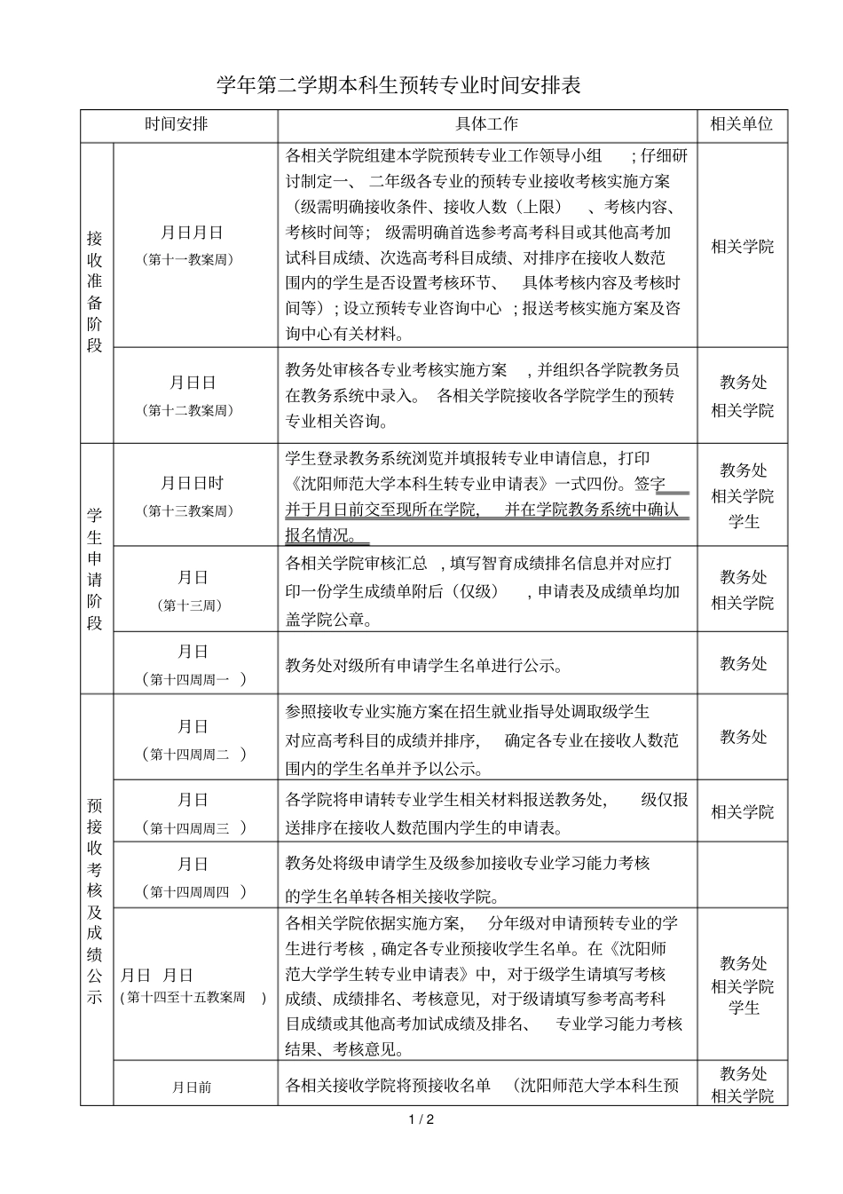 20182019学年第二学期本科生预转专业时间安排表_第1页