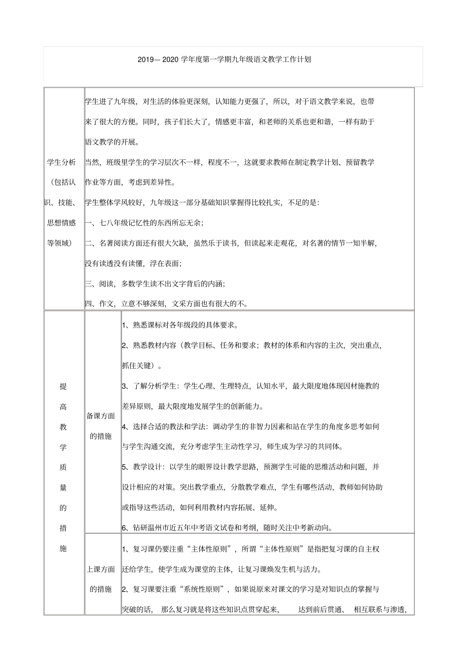 2018—2019学年第一学期九年级语文教学工作计划_第1页