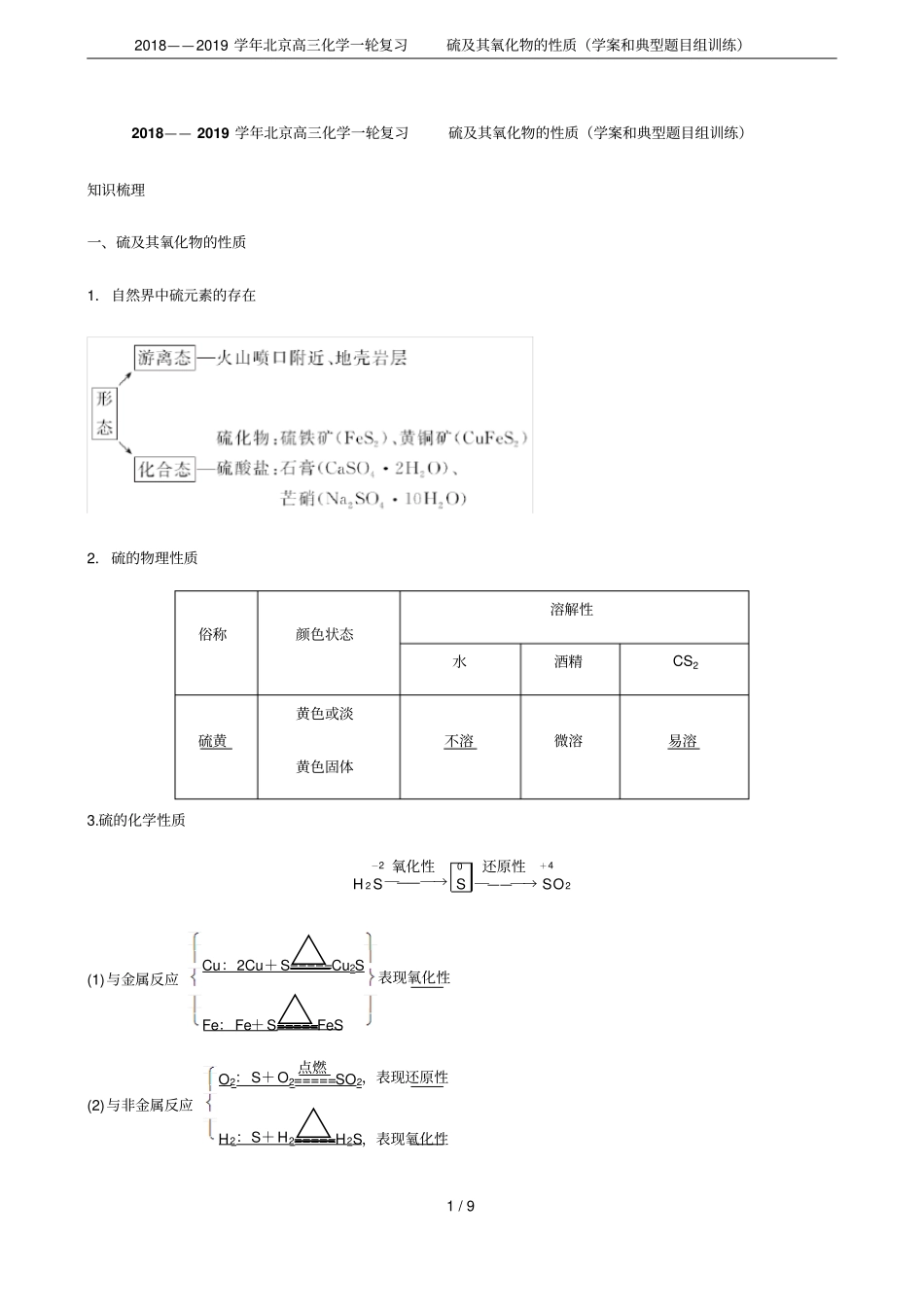2018——2019学年北京高三化学一轮复习硫及其氧化物的性质学案和典型题目组训练_第1页