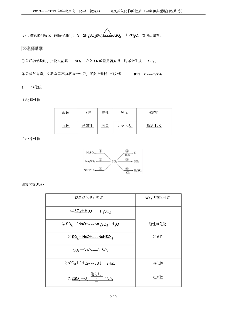 2018——2019学年北京高三化学一轮复习硫及其氧化物的性质学案和典型题目组训练_第2页