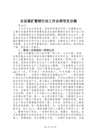 全县煤矿整顿行动工作会领导发言稿