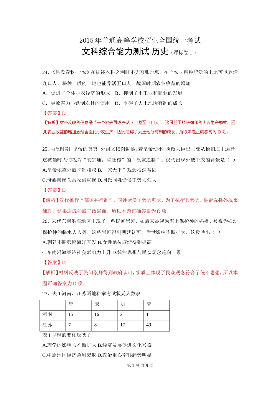 2015年高考历史新课标卷Ⅰ_第1页
