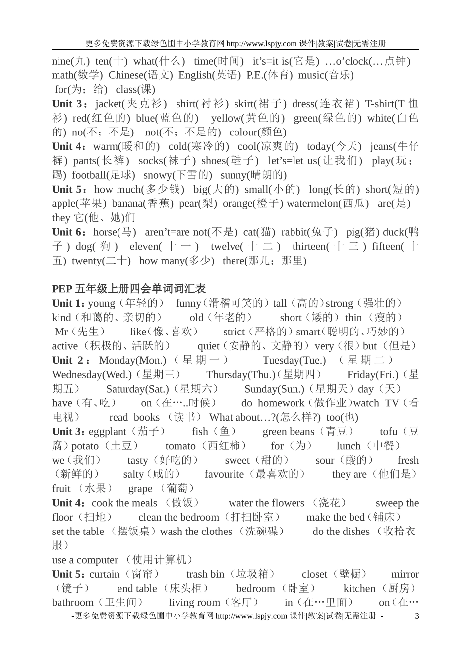 小学三-六年级英语全部单词词汇表总复习资料_第3页