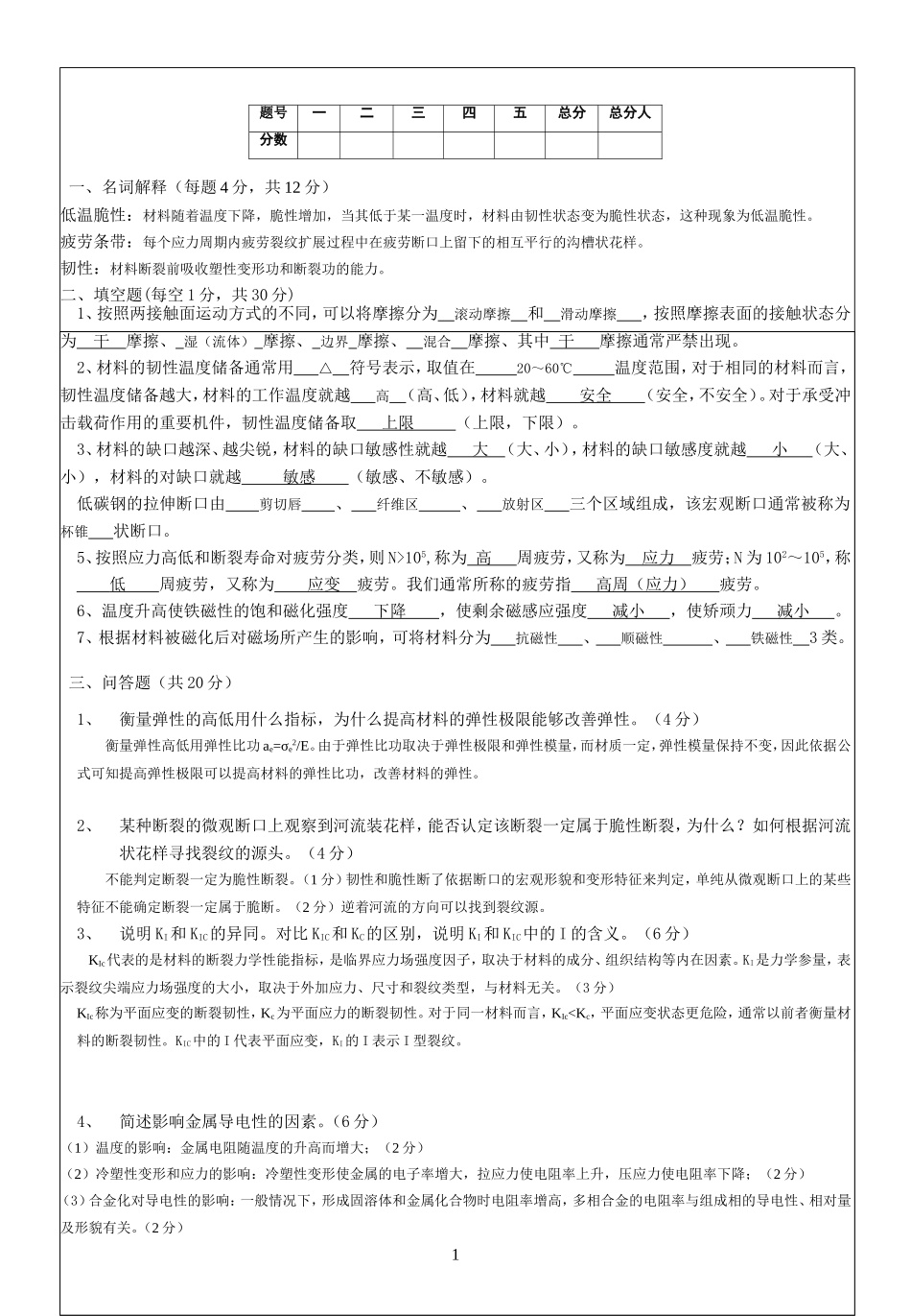 材料性能学考卷及答案_第1页