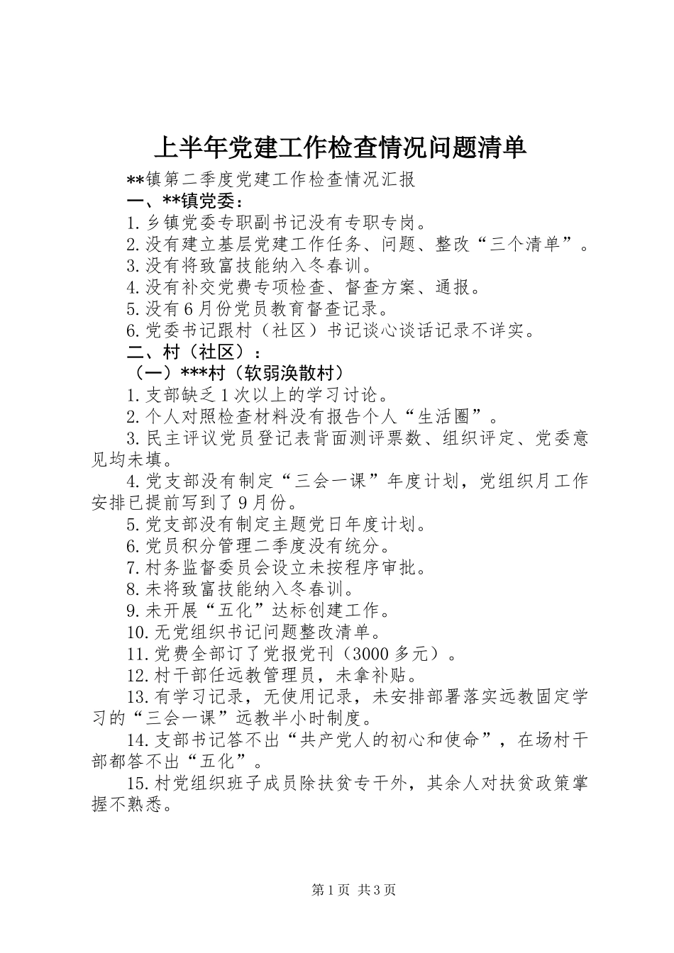 上半年党建工作检查情况问题清单_第1页