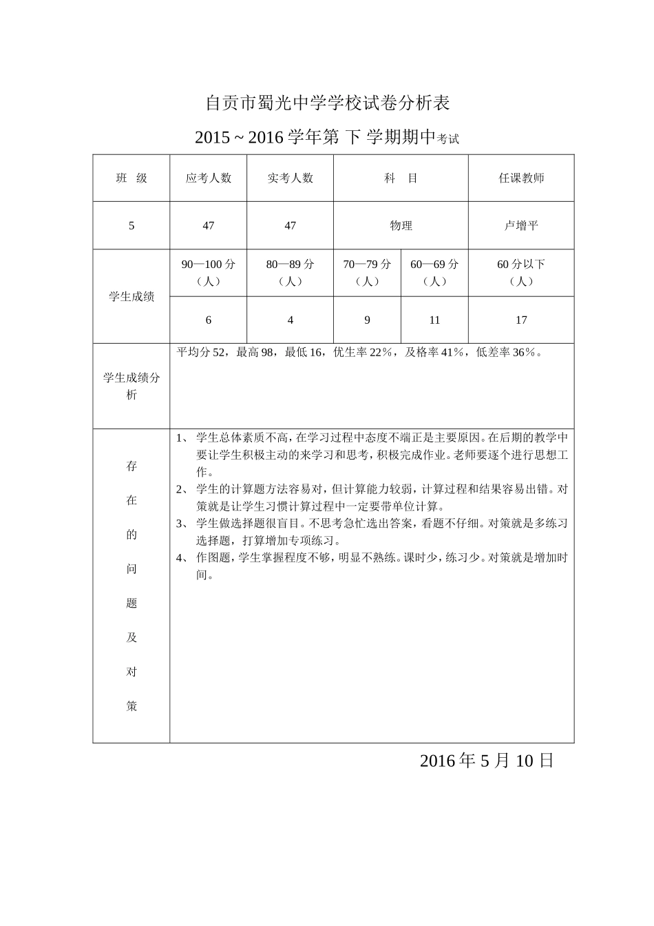 自贡市蜀光中学卢增平班级试卷分析表_第1页