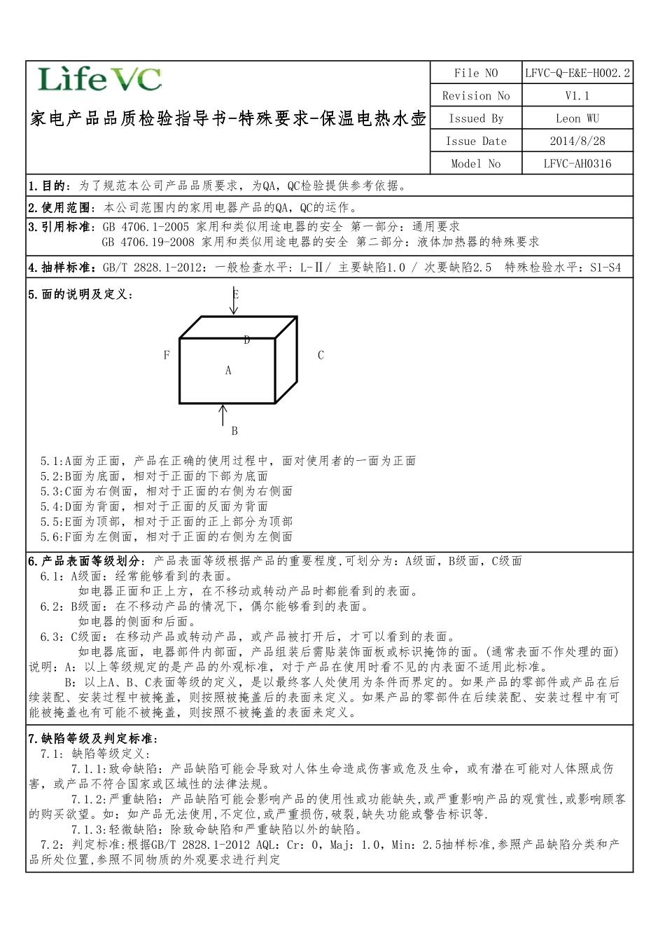LFVC-Q-E&E-H002.2-家电产品品质检验指导书-特殊要求-保温电热水壶(LFVC-AH0316)V1.1_第1页