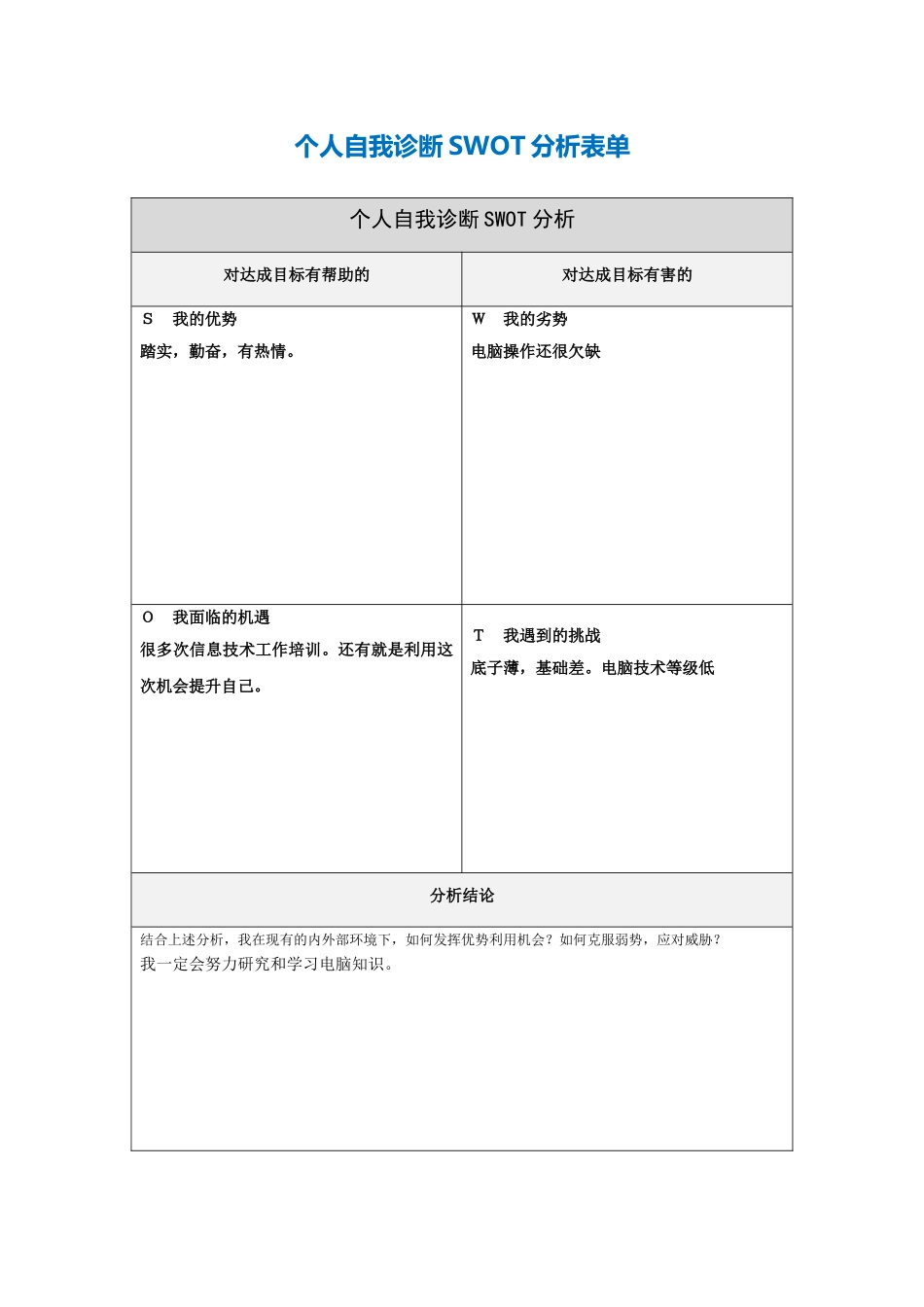 第一步骤所需文档：个人自我诊断SWOT分析表[1]-(2)_第1页