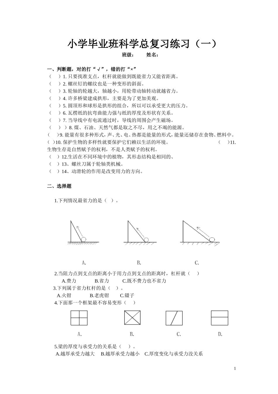 小学毕业班科学总复习练习(一)(1)_第1页