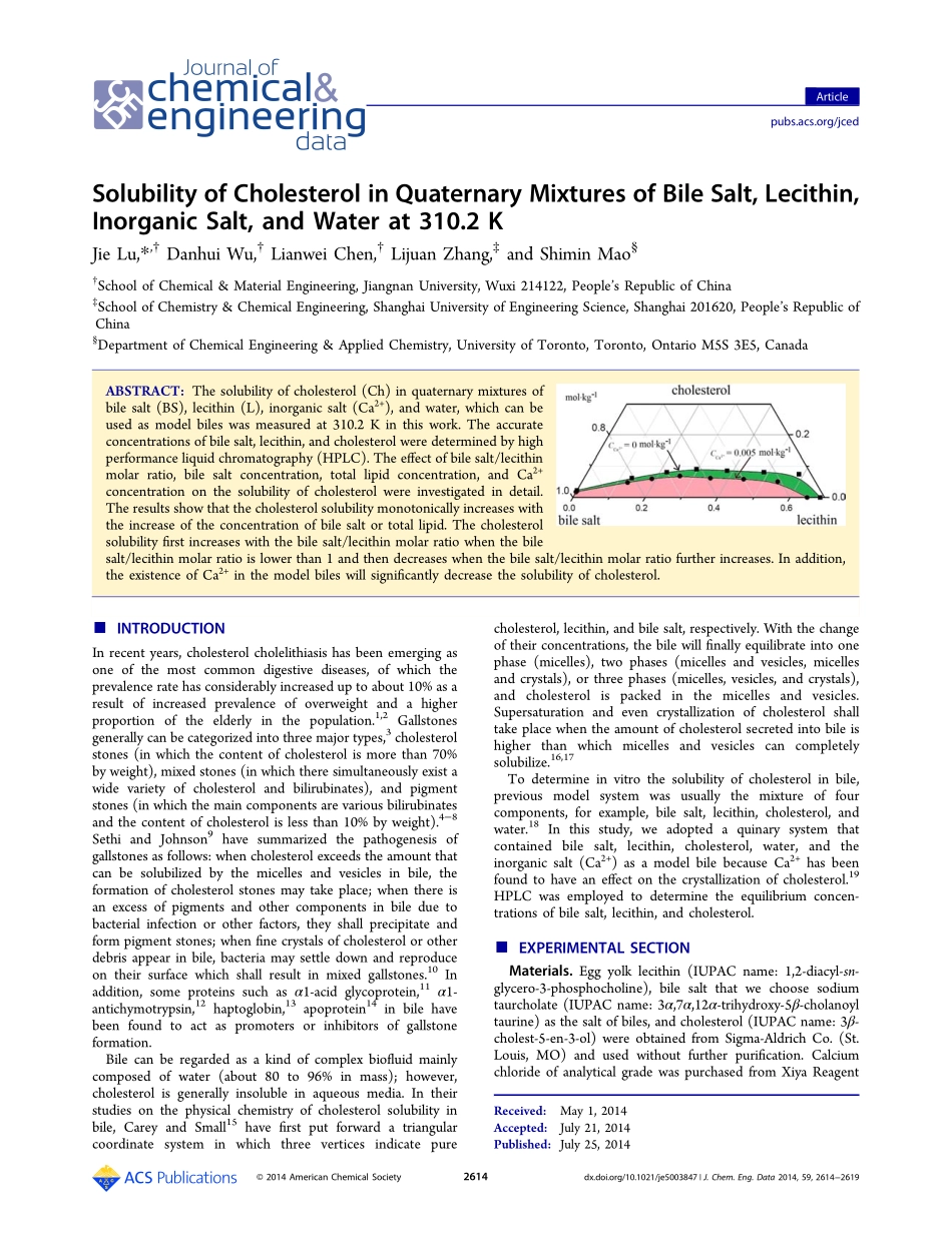 Solubility of Cholesterol in Quaternary Mixtures of Bile Salt_第1页