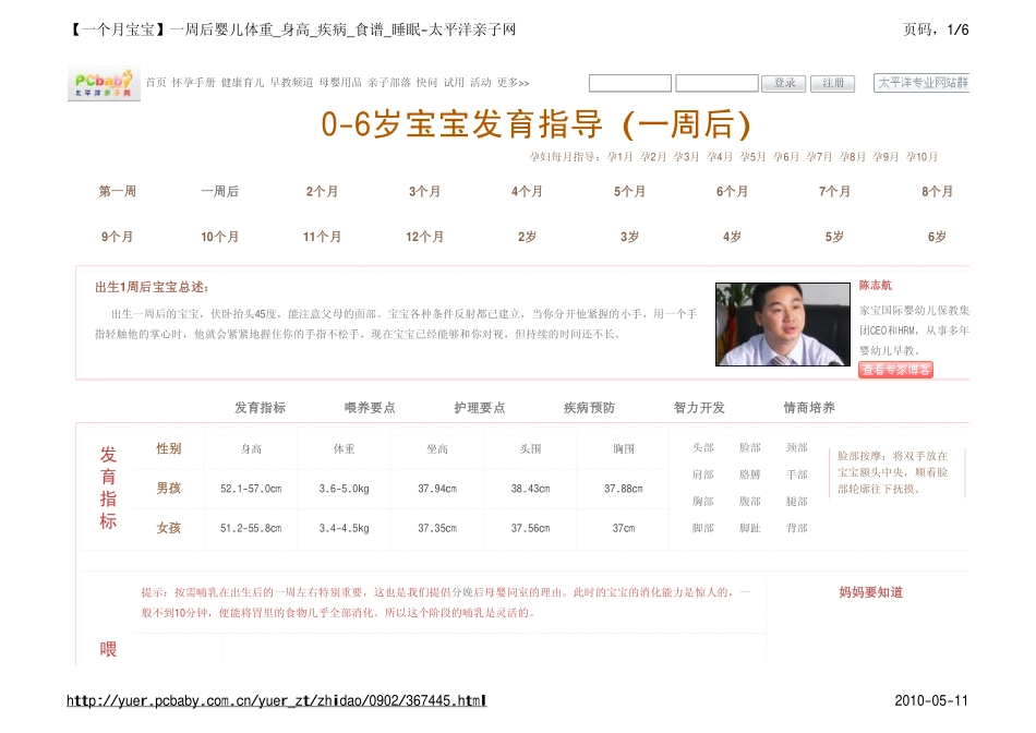 宝宝发育指导【01个月宝宝】一周后婴儿体重_身高_疾病_食谱_睡眠_第1页