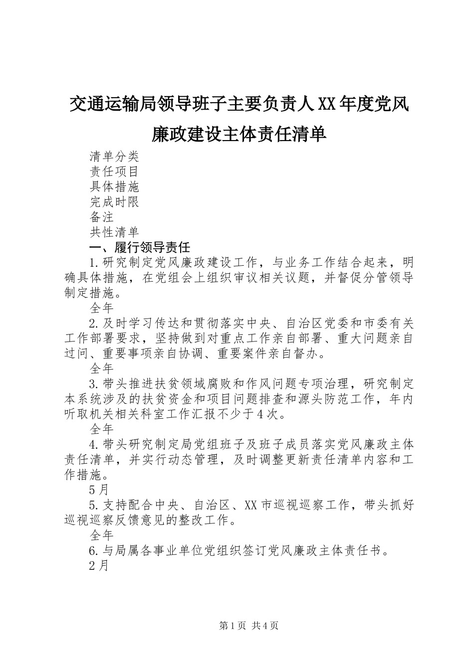 交通运输局领导班子主要负责人XX年度党风廉政建设主体责任清单_第1页